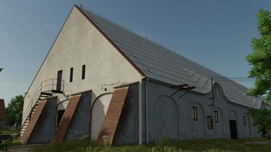 Farming Simulator 25 mod – PGR Animal Barns Pack v1.0.0.0, showing a large animal barn with brick supports and external stairs.