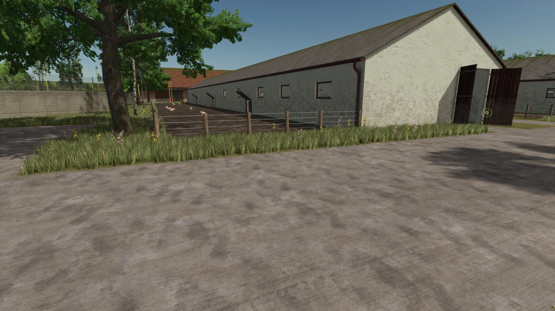 Farming Simulator 25 mod: Pig Barn Big v1.0.0.0, outdoor pig housing with fenced yard, trees, and open gate, for Farming Simulator 25 mods.