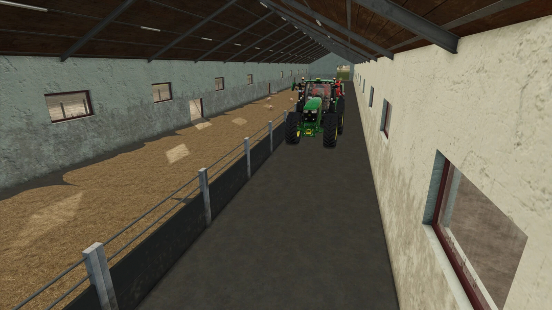 Farming Simulator 25 mod: Pig barn big v1.0.0.0 with tractors inside, ideal for pig farming in FS25 mods.