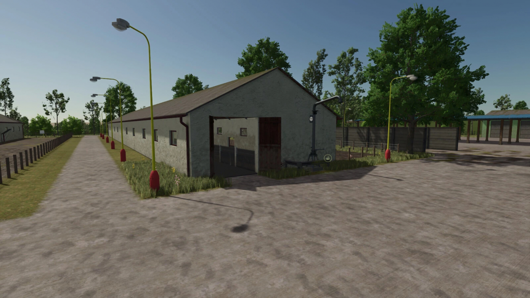 Farming Simulator 25 mod: large pig barn with outdoor space, street lighting, and trees, part of FS25 mods for efficient pig farming.
