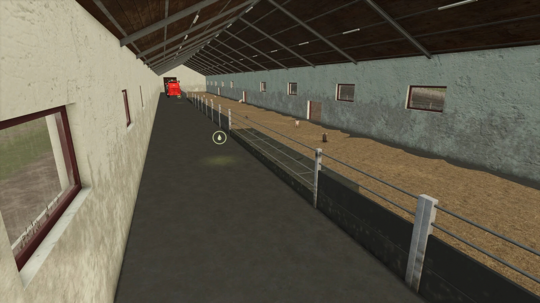 Inside the Pig Barn Big v1.0.0.0 from FS25 mods in Farming Simulator 25, showing the spacious pig pens and farm equipment.