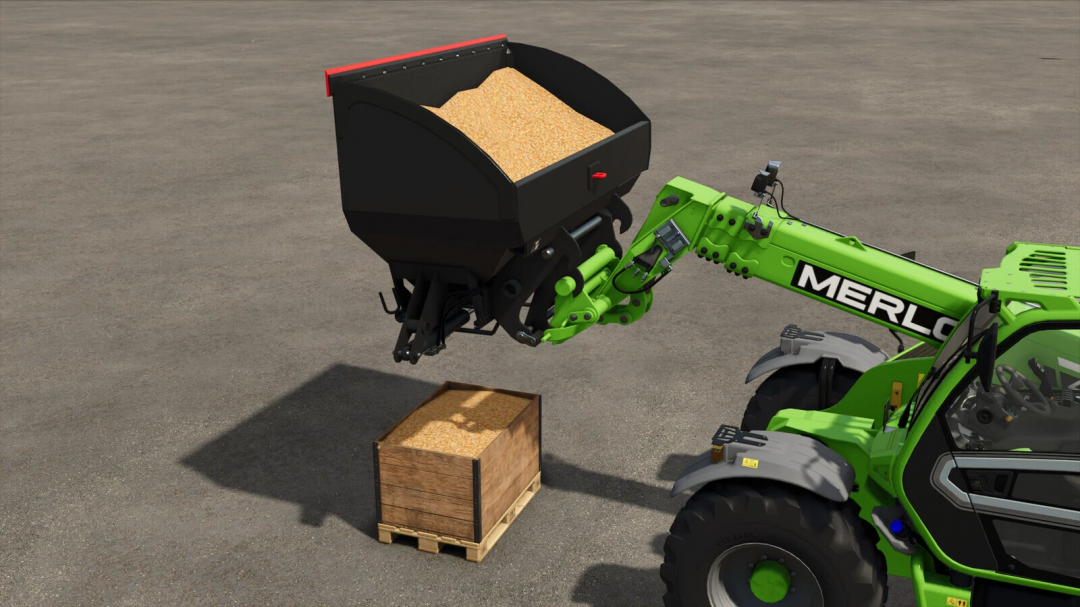 Farming Simulator 25 mod: Merlo telehandler loading grain into a wooden crate with a black grain bucket.