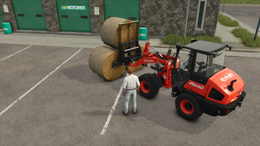 Farming Simulator 25 mod image showing a Kubota R640 tractor with a front loader lifting hay bales in a parking lot.