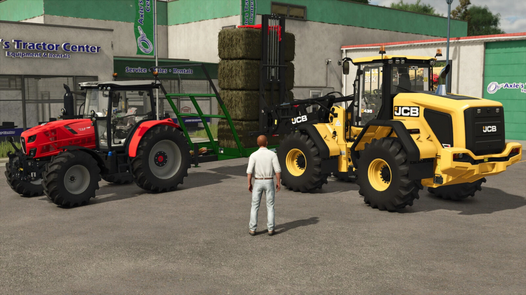 Farming Simulator 25 mods: two tractors, one red and one yellow, with a farmer standing in front of the equipment, including a stack of hay bales.