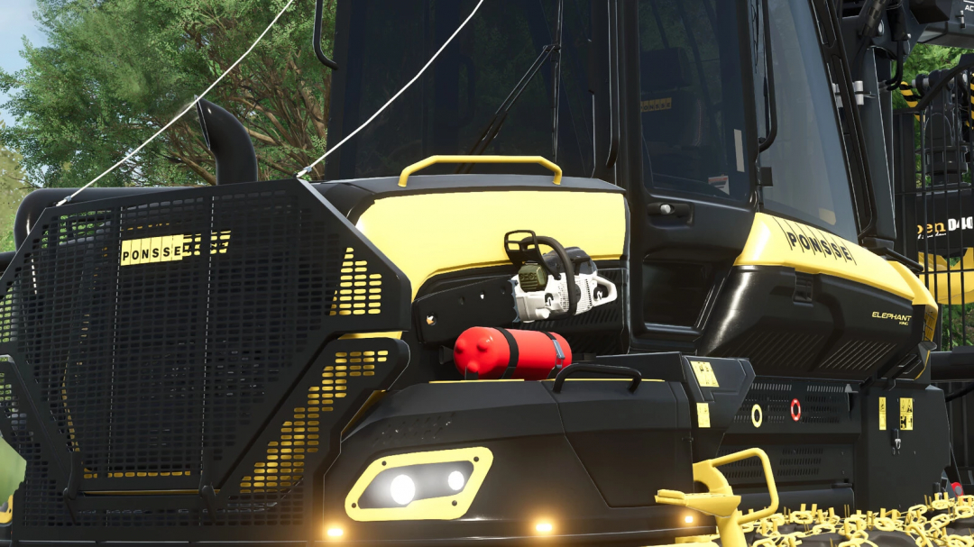 Close-up of a Ponsse forestry machine in Farming Simulator 25, showcasing detailed engine and chains with forestry mods.
