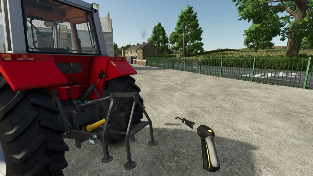 Farming Simulator 25 mod: Pto Power Washer v1.0.0.0 shown on a red tractor with a drill and pressure washer in a rural environment.