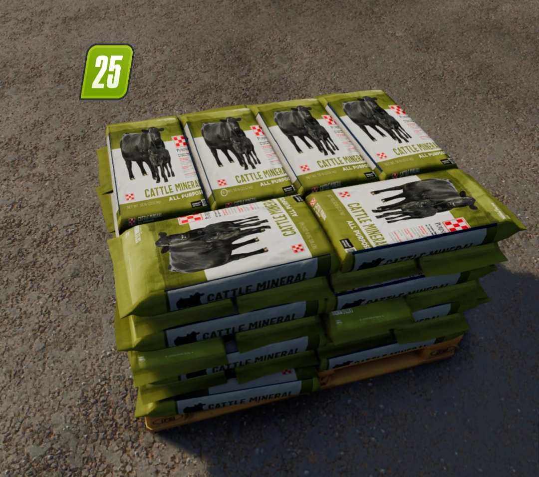 Stack of Cattle Mineral Feed bags in Farming Simulator 25, used as a mod for realistic cattle nutrition.