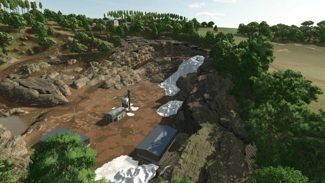 Screenshot of a farm in Farming Simulator 25 with rocky terrain, waterfalls, trees, and farming buildings, featuring the Rancho Fundo v1.1.0.0 mod.