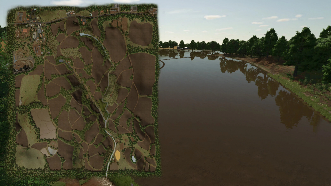 Map of Rancho Fundo mod in Farming Simulator 25, showing farmland, roads, and natural features in the game environment.