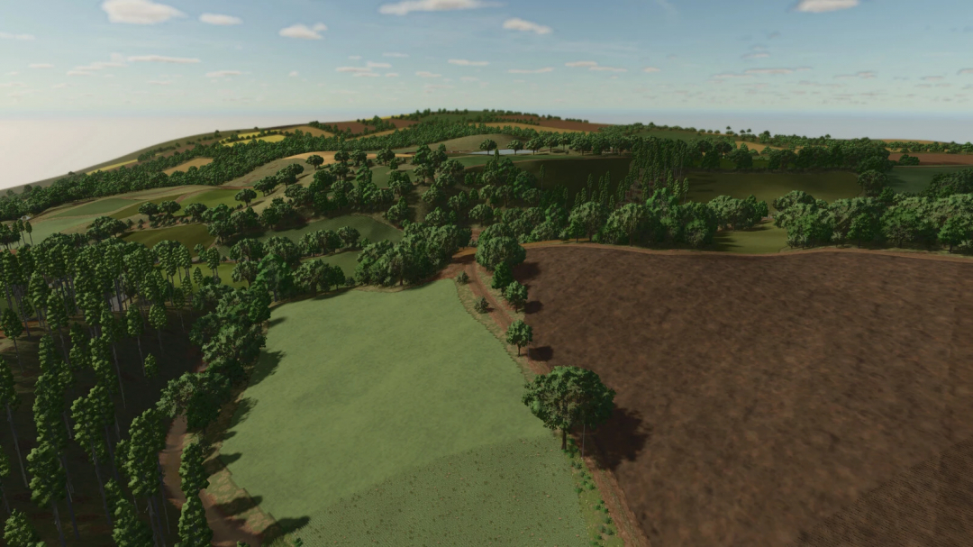 Farming Simulator 25 mods: Landscape view of hills, trees, and fields from the Rancho Fundo v1.1.0.0 mod in FS25.