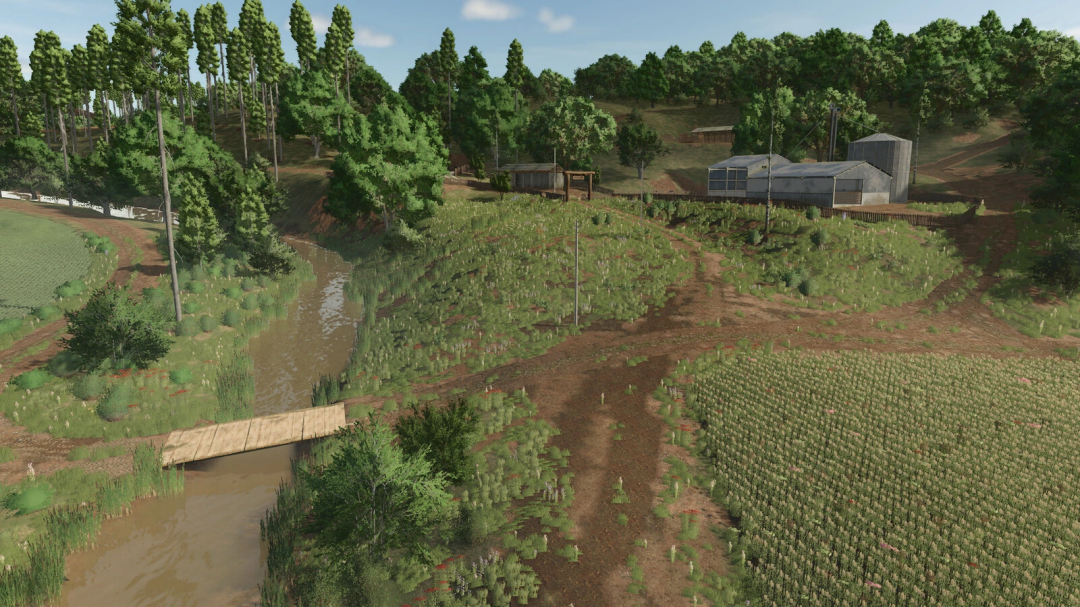 Farming Simulator 25 mod showcasing a lush rural landscape with fields, a small river, and farm buildings under the Rancho Fundo v1.1.0.0 mod.
