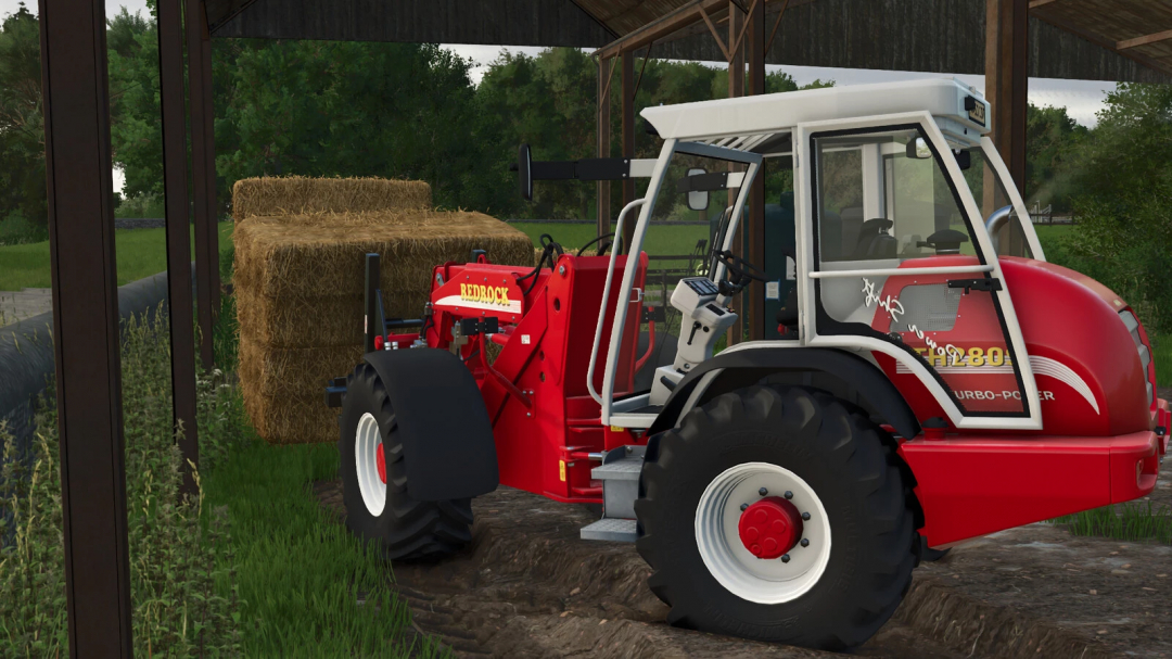 Farming Simulator 25 mod: Redrock TH280s tractor with hay bales in a farm setting.
