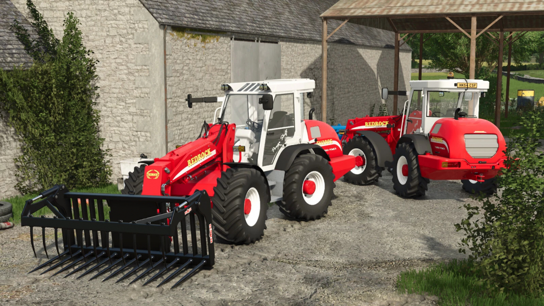 Farming Simulator 25 mods: Redrock TH280s tractor with front loader and rear implement parked outside a rustic barn.
