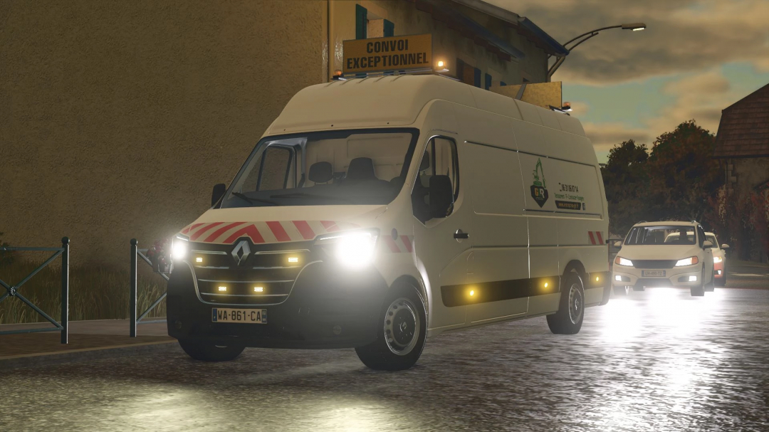 Farming Simulator 25 mod Renault Master L4H3 van with warning lights and signage, driving on a road at night.