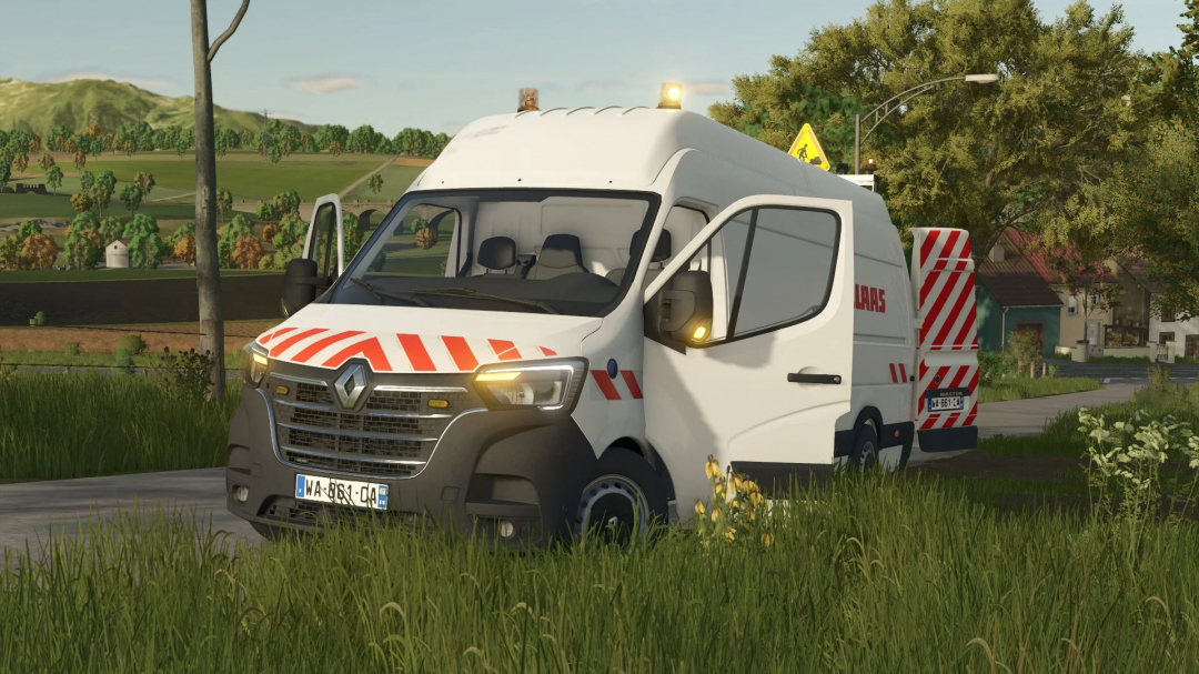 Farming Simulator 25 mod: Renault Master L4H3 emergency vehicle with hazard markings in a rural setting.