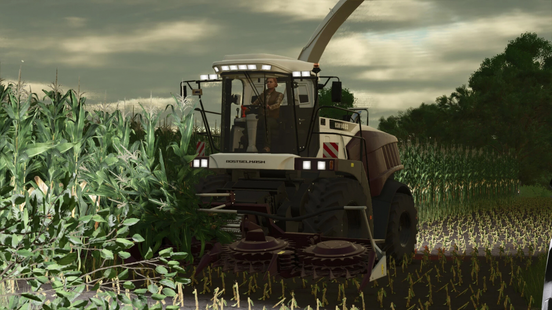 Farming Simulator 25 mod: Rostselmash 1403 Pack v1.0.0.0 tractor working in a cornfield with attached equipment, realistic game graphics.