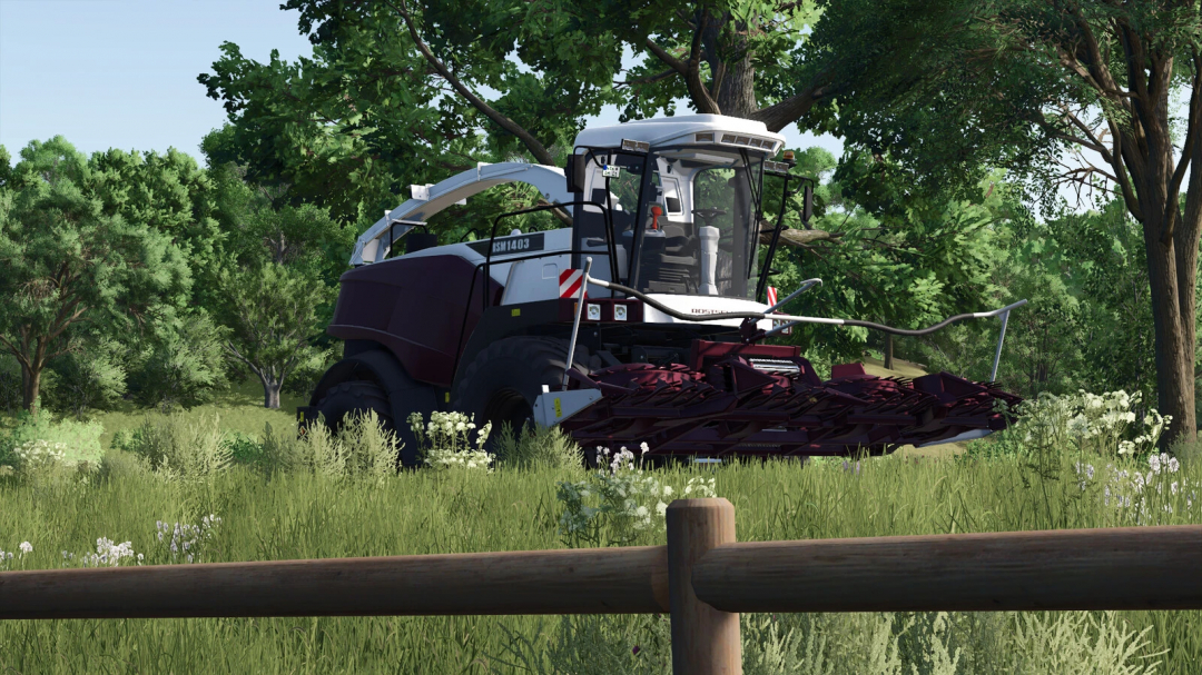 Farming Simulator 25 mod, Rostselmash 1403 Pack v1.0.0.0, showing a large forage harvester in a green field with trees.