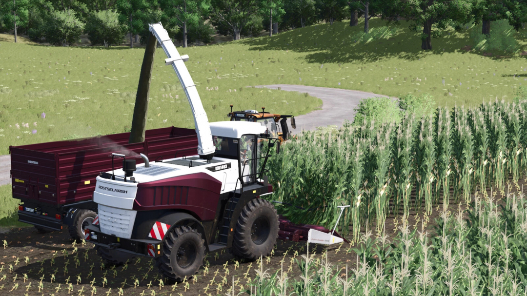 FS25 mod: Rostselmash 1403 Pack harvesting corn in Farming Simulator 25.