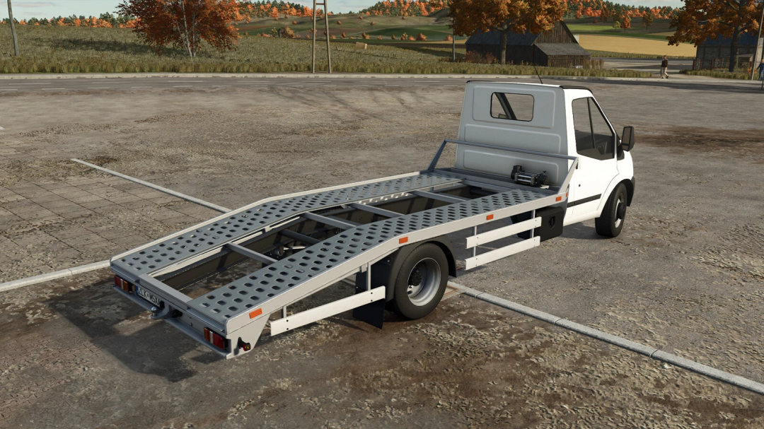 Farming Simulator 25 mod: Rumbler Tow Car v1.0.0.0, a compact white tow truck with a flatbed for hauling vehicles in the game.