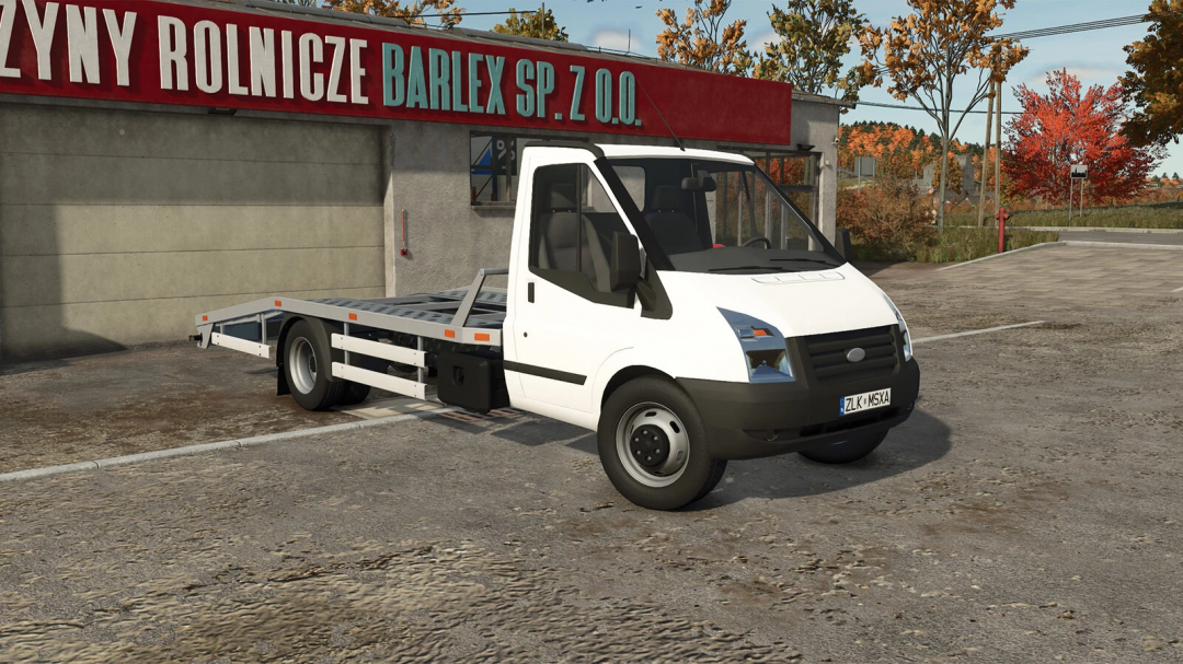 Farming Simulator 25 mod: white tow truck with flatbed for hauling vehicles, parked in front of a rural building with autumn trees in the background.