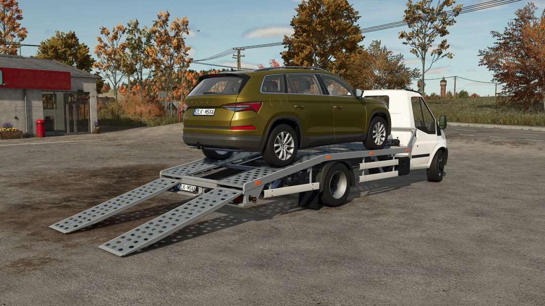 Farming Simulator 25 mod: a car being transported on a flatbed tow truck with ramps, part of FS25 mods.