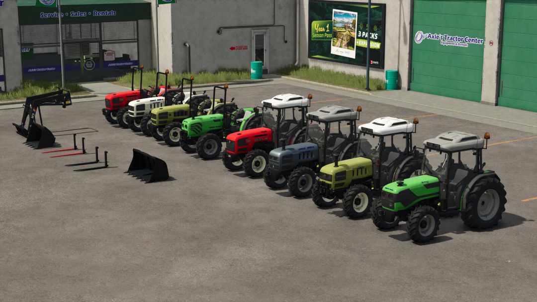 Line of colorful tractors and equipment in front of Axle's Tractor Center in Farming Simulator 25, showcasing FS25 mods.