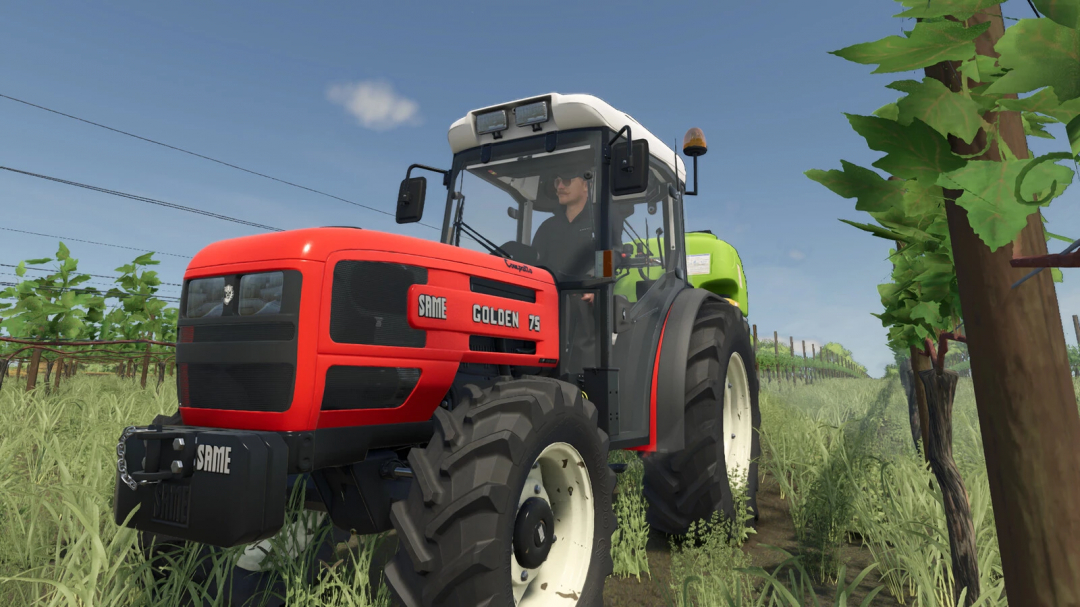Farming Simulator 25 mod: Red SDF Golden 75 tractor in vineyard with grapevines and blue sky, part of the Farming Simulator 25 mods collection.