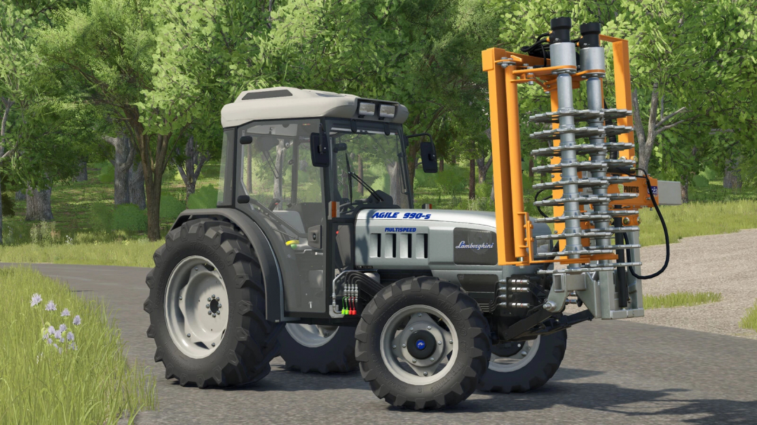 Farming Simulator 25 mod: Lamborghini Agile 990-S tractor with vineyard equipment from the SDF Vineyard Pack v1.0.0.0.