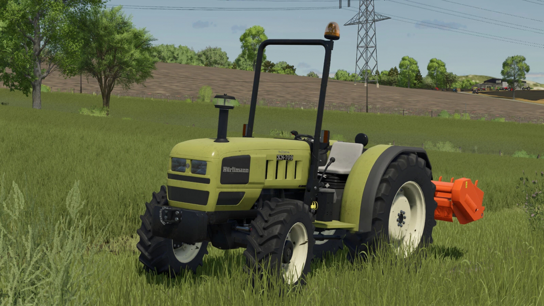 Farming Simulator 25 mod: Hürlimann XN-709 tractor with orange attachment for vineyard work in the FS25 game.