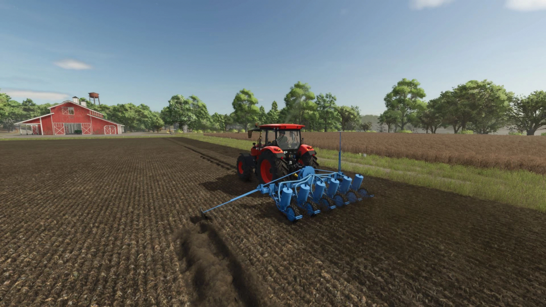 Farming Simulator 25 mod: tractor with blue seeder working on a farm field in FS25, featuring SPC-6 v1.0.0.0 mod in Farming Simulator 25.