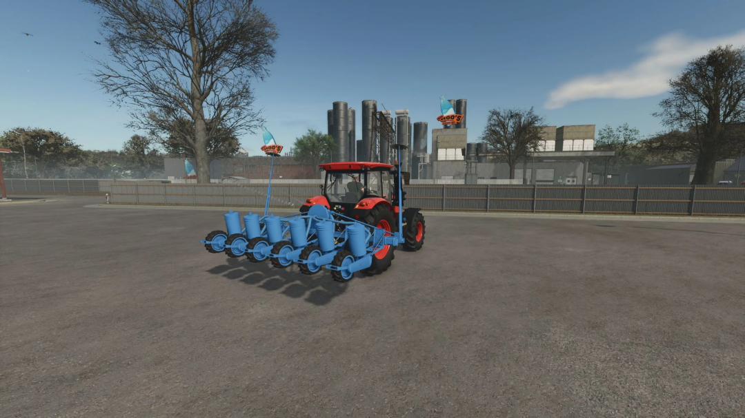 Farming Simulator 25 mod: red tractor equipped with SPC-6 v1.0.0.0 seed drill for efficient planting in Farming Simulator 25.