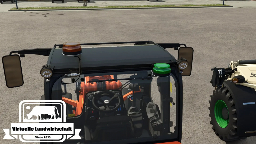 Close-up of the cab interior of a farming tractor mod from FS25, with visible steering wheel and control panel, for Farming Simulator 25 mods.
