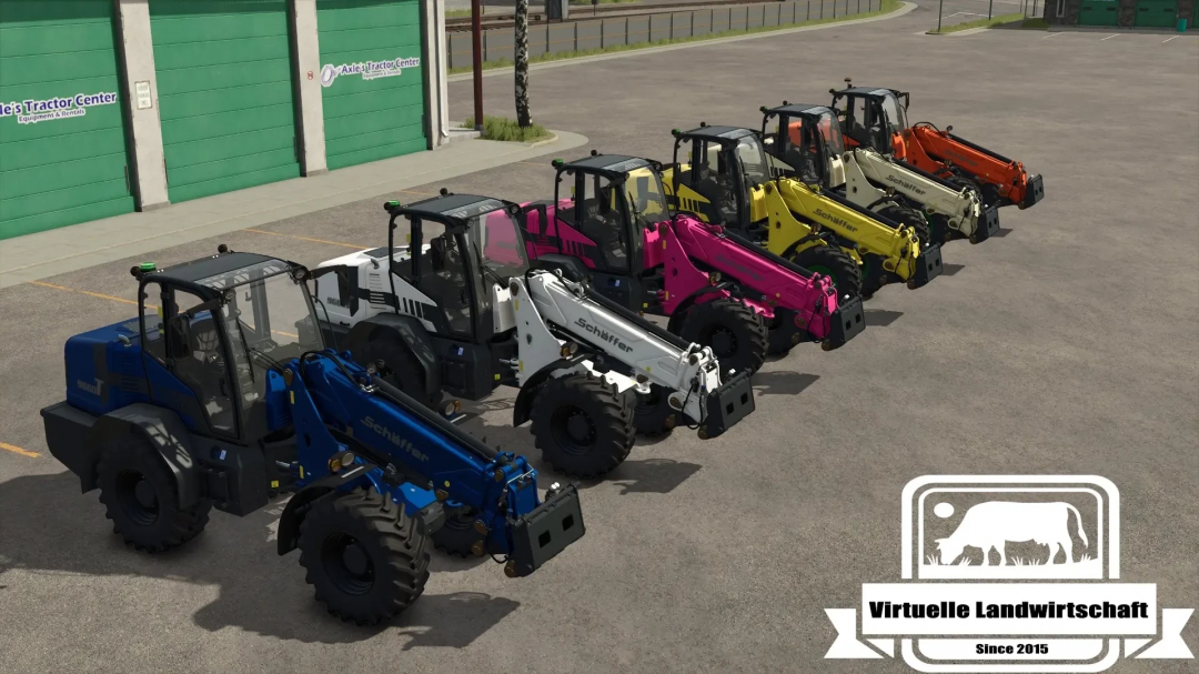 Row of colorful Schaeffer 9660 v1.2.0.0 tractors in Farming Simulator 25, parked outside a machinery store with a Virtuelle Landwirtschaft logo.