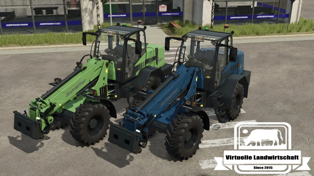 Two Schaeffer tractors with front loaders parked outside a tractor dealership in Farming Simulator 25 showing FS25 mods.