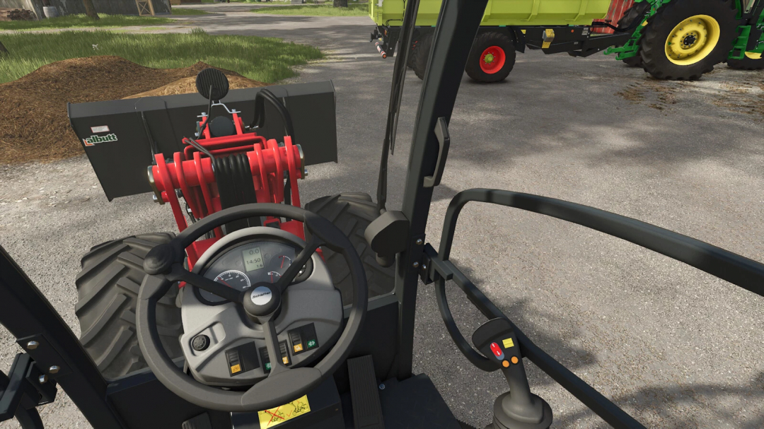 Farming Simulator 25 mod showcasing the Schäffer 4670T front loader with detailed dashboard and control levers.