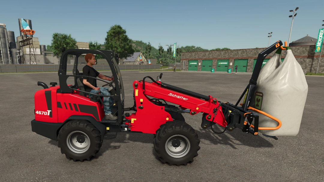 Farming Simulator 25 mod: Schäffer 4670T compact loader with large bag attachment for agricultural tasks.