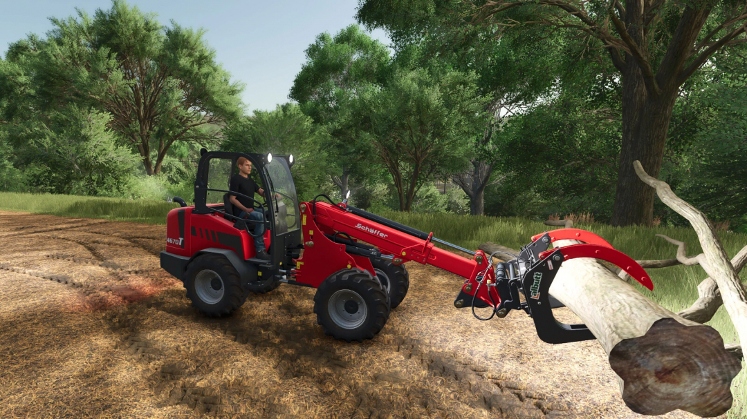 Farming Simulator 25 mod: Schäffer 4670T skid steer loader with tree felling attachment working in a forest environment.