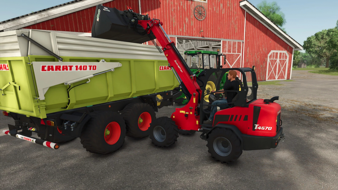 Farming Simulator 25 mod: SCHÄFFER T4670 tractor with loader lifting a green CLAAS CARRAT 140 TO forage wagon.