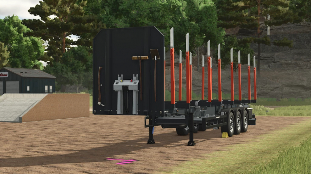 Farming Simulator 25 mods: Schwarzmueller Trailer Pack 1.0.0.0 with multiple red and white flags, shown in a rural setting.