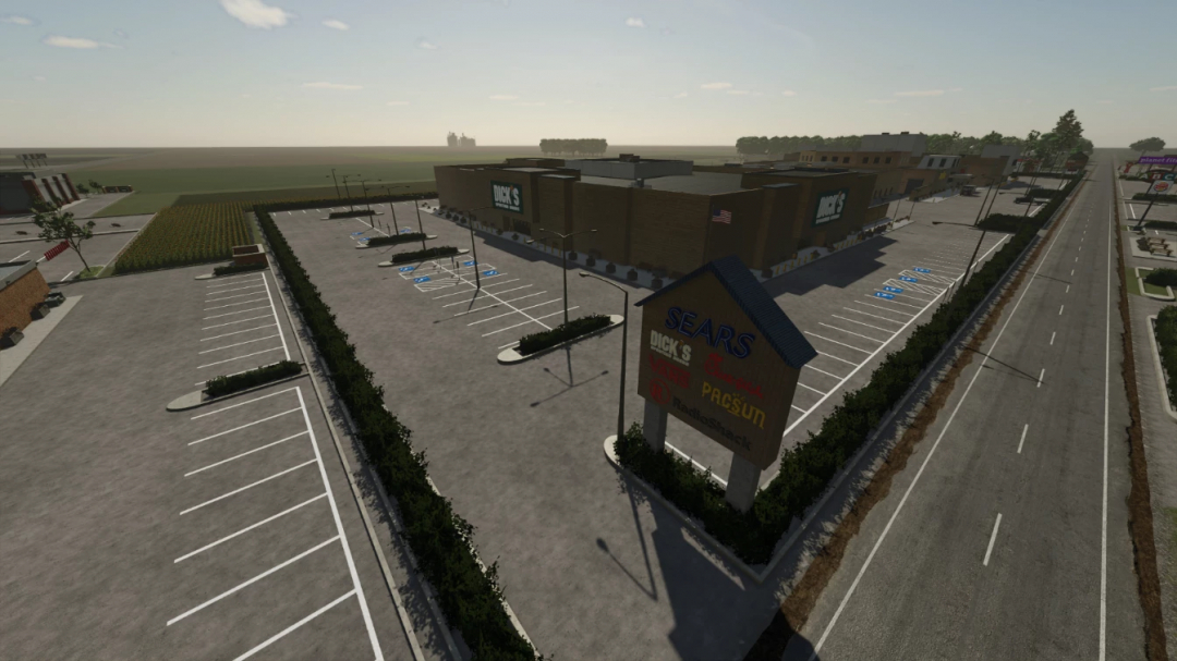 Large parking lot outside Sears store with clear signage, well-marked parking spaces, and surrounding landscaping in Farming Simulator 25.