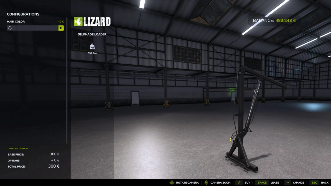Farming Simulator 25 mod showing the Selfmade Big Bags Loader by Lizard in a virtual warehouse environment.