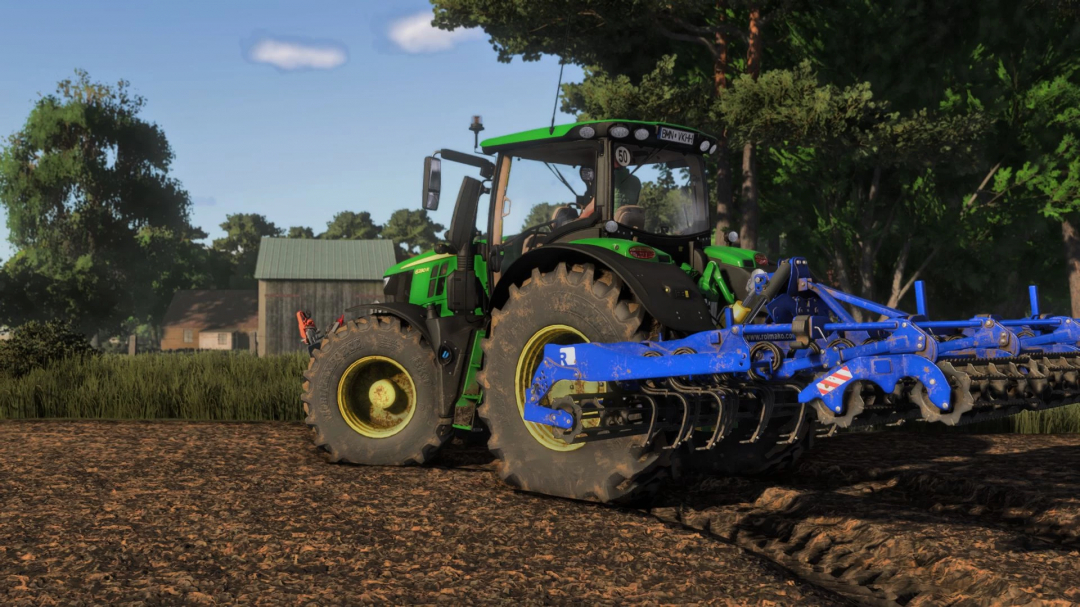 Farming Simulator 25 mod showcasing a green tractor with a blue plow attachment working on a field.