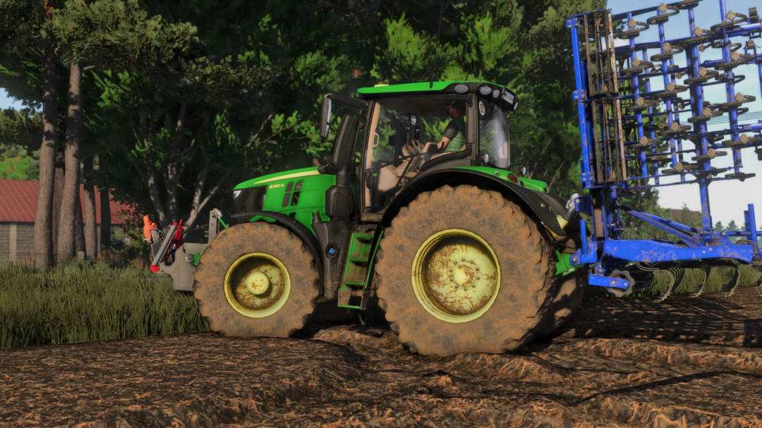 Farming Simulator 25 mod featuring a green tractor with blue implement attached, set on a farm field with trees in the background.