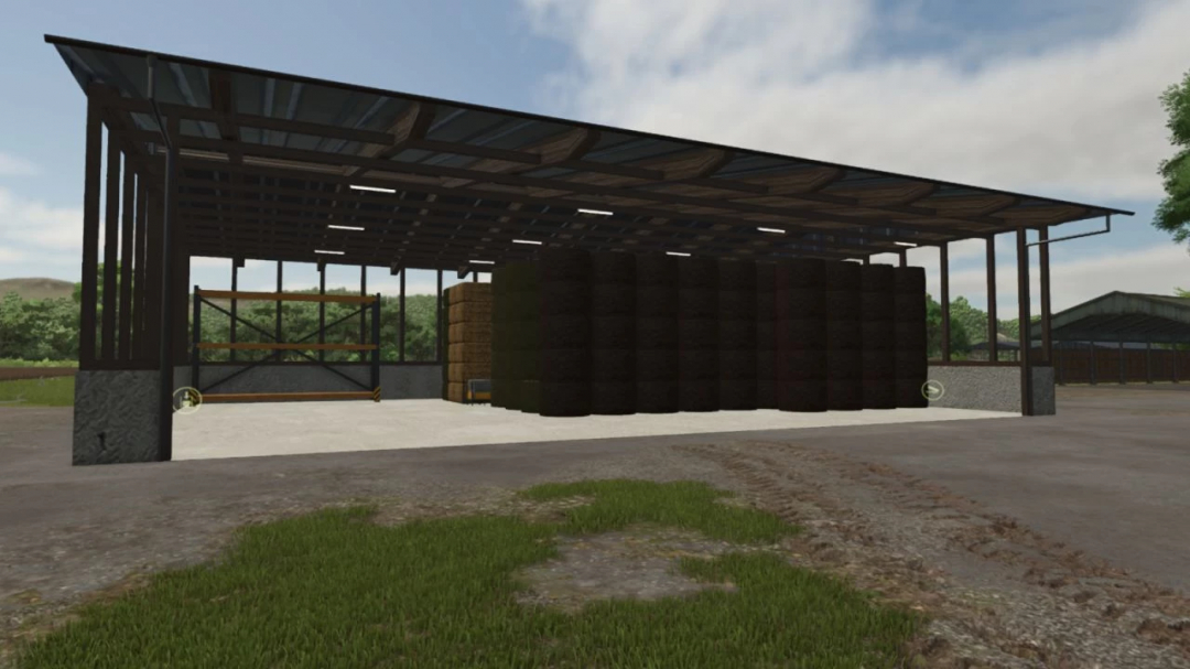 Farming Simulator 25 mods: Sheds Pack v1.0.0.0, a large open-sided shed with hay bales stored inside for Farming Simulator 25.