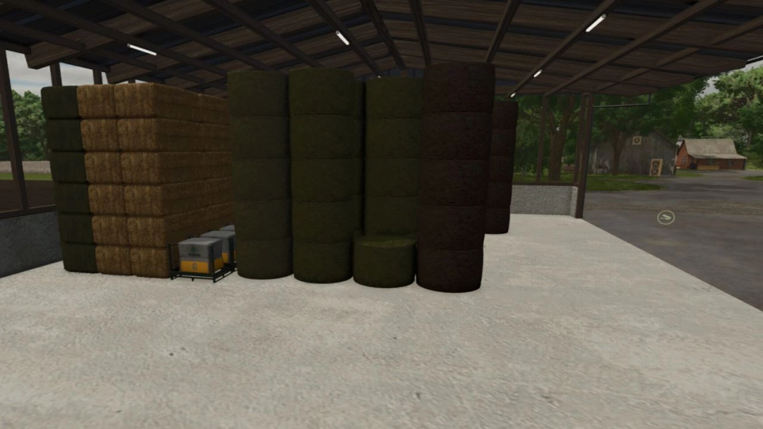 Farming Simulator 25 mod: Sheds Pack v1.0.0.0 with stored hay and hay bales under a shed.