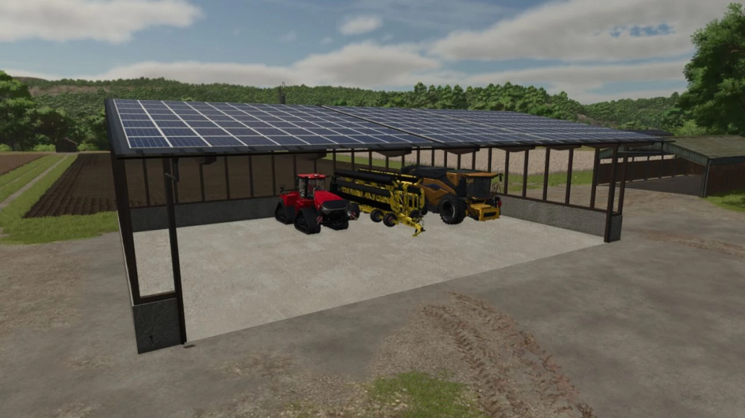 Farming Simulator 25 mods: Sheds Pack v1.0.0.0 with solar panels, farming equipment, and vehicles inside a shelter.