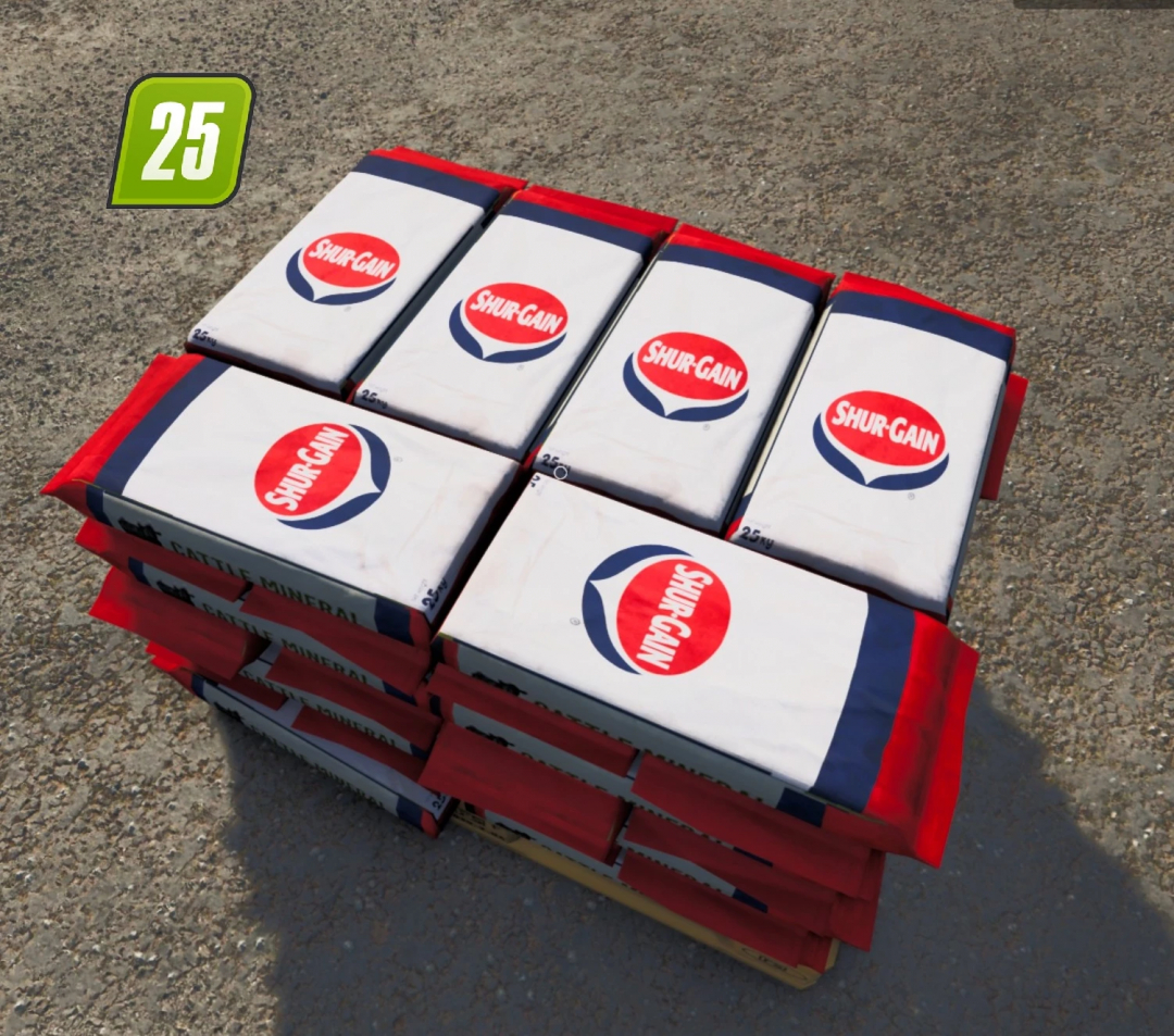 Stack of Shur Gain mineral feed bags in Farming Simulator 25, representing FS25 mods for animal nutrition.