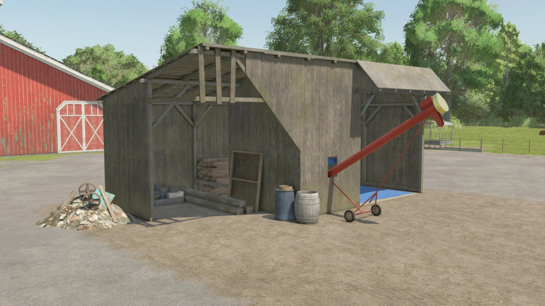 Farming Simulator 25 mod: Wooden silo shed with grain bucket and equipment for FS25 farming activities.