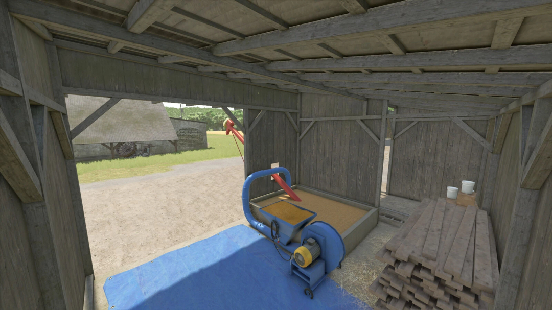 Farming Simulator 25 mod: inside a barn showing a grain bagging machine, silage piles, and stacked wooden planks, featuring the Silo Shed v1.0.0.0.