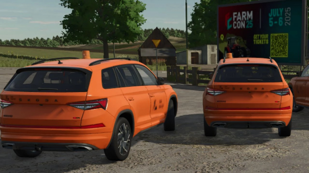 Farming Simulator 25 mod featuring orange Skoda Kodiaq police cars at the construction yard, enhancing Farming Simulator 25 mods.